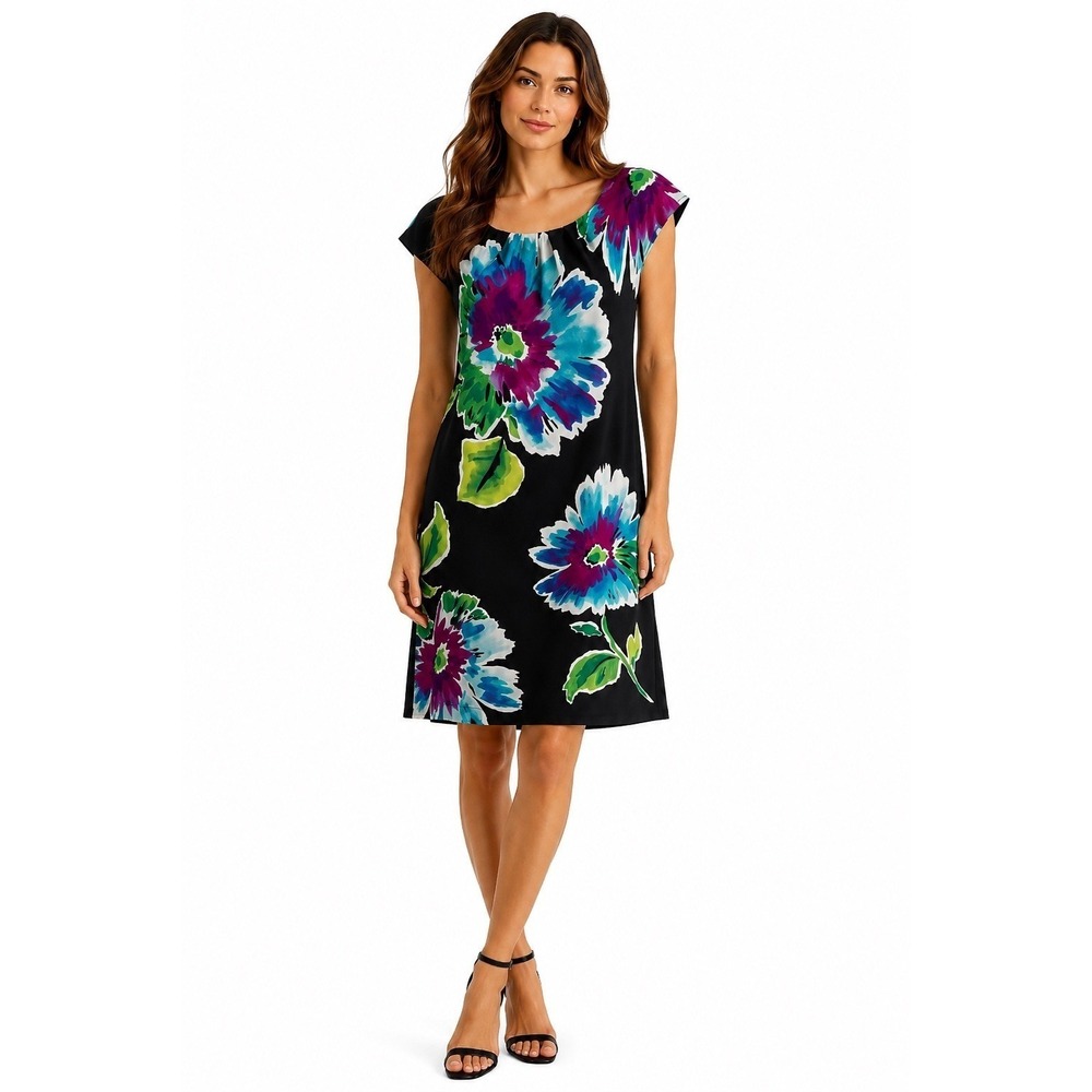 Studio London Times Sheath Dress 12 Black Purple Floral Cap Sleeve Jersey New